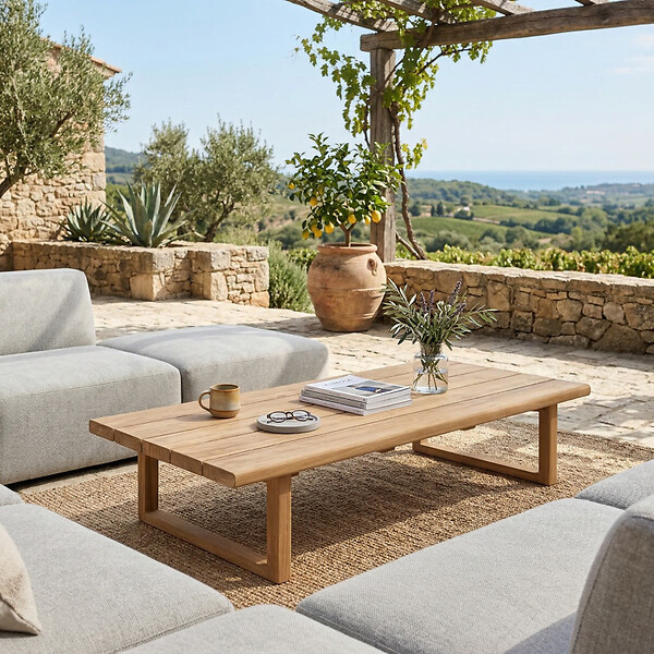 NATUREL - Table basse de jardin en teck massif, 153x72x30,5 cm, pieds-de-table design rectangulaire (NATOFT15372S) - large