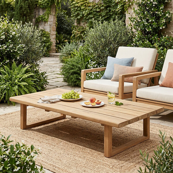 NATUREL - Table basse de jardin en teck massif, 153x72x30,5 cm, pieds-de-table design rectangulaire (NATOFT15372S) - large