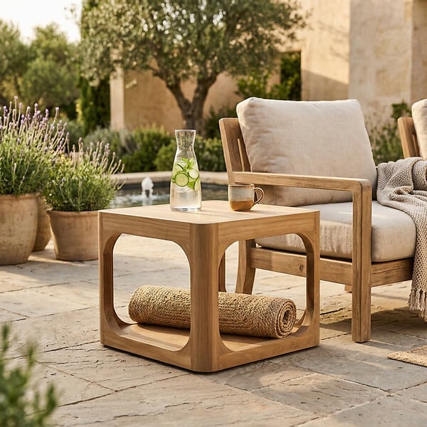 NATUREL - Table d'appoint de jardin en teck massif, 50x50x40 cm, deux plateaux et angle arrondie, fabrication artisanale (NATOFTB5050S) - large