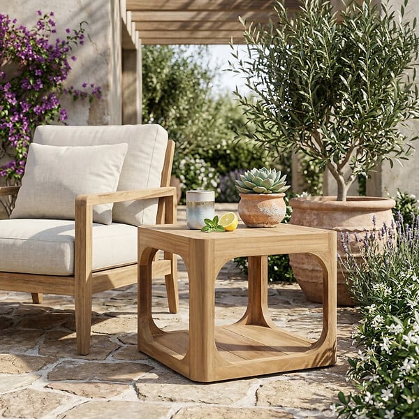 NATUREL - Table d'appoint de jardin en teck massif, 50x50x40 cm, deux plateaux et angle arrondie, fabrication artisanale (NATOFTB5050S) - large