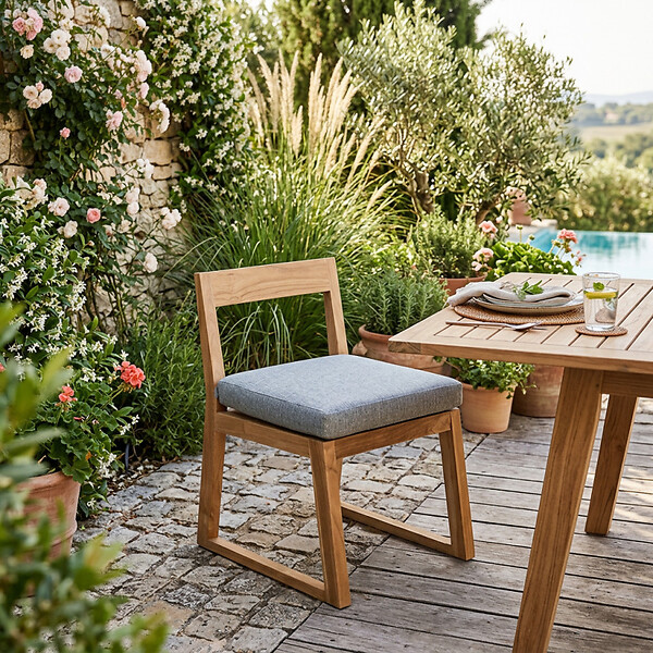 NATUREL - Chaise de table extérieur en teck massif, 50x59.5x79 cm, avec coussin gris perlé imperméable (NATOFCH50B) - large