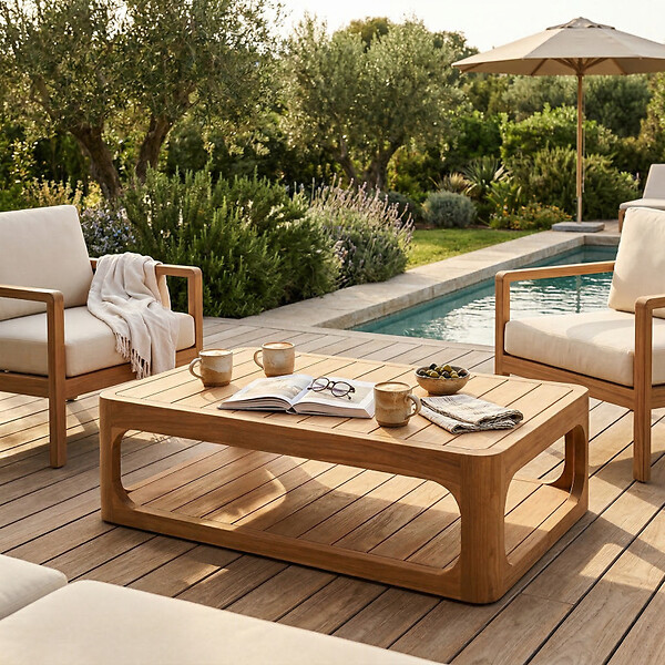 NATUREL - Table basse de jardin en teck massif, 122x86x35 cm, deux plateaux et angle arrondie (NATOFTB12286S) - large