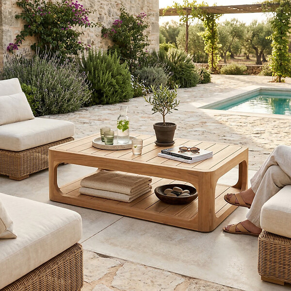 NATUREL - Table basse de jardin en teck massif, 122x86x35 cm, deux plateaux et angle arrondie (NATOFTB12286S) - large