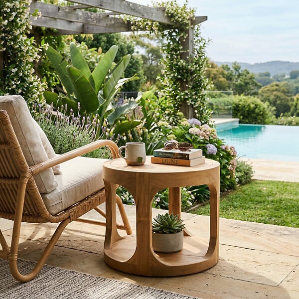 NATUREL - Table d'appoint ronde de jardin en teck massif, 50x50x43 cm, fabrication artisanale, deux plateaux (NATOFTB5050R) - large
