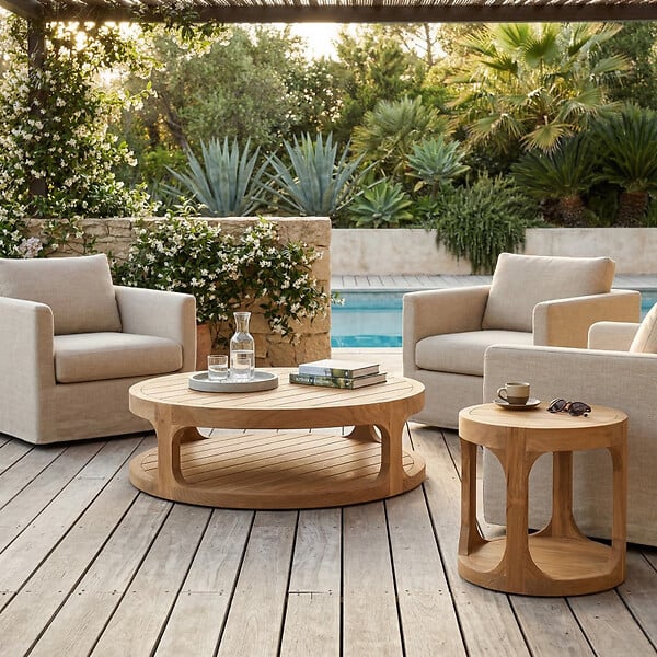 NATUREL - Table d'appoint ronde de jardin en teck massif, 50x50x43 cm, fabrication artisanale, deux plateaux (NATOFTB5050R) - large