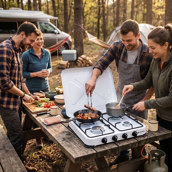 KEMPER - Plaque de Cuisson gaz 4 feux portable 4650W - Réchaud gaz butane propane couvercle grille amovibles Cuisine Extérieure KEMPER - large
