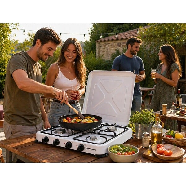 KEMPER - Plaque de Cuisson gaz 4 feux portable 4650W - Réchaud gaz butane propane couvercle grille amovibles Cuisine Extérieure KEMPER - large