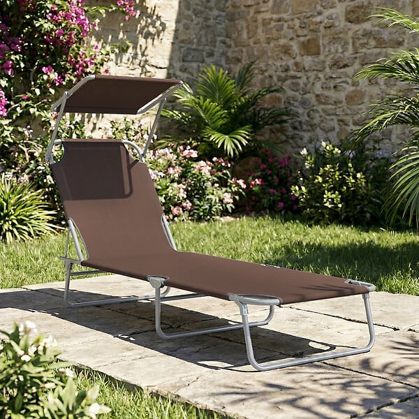 OUTSUNNY - Transat bain de soleil pliable grand confort dossier et pare-soleil réglable multi-positions chocolat - large