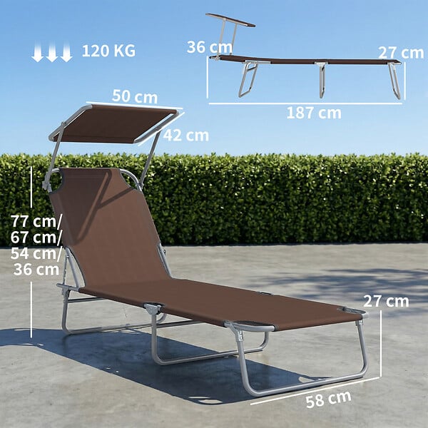 OUTSUNNY - Transat bain de soleil pliable grand confort dossier et pare-soleil réglable multi-positions chocolat - large