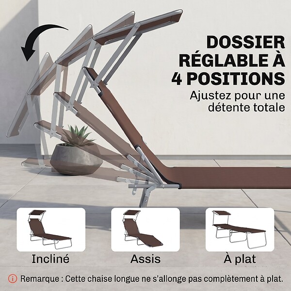 OUTSUNNY - Transat bain de soleil pliable grand confort dossier et pare-soleil réglable multi-positions chocolat - large