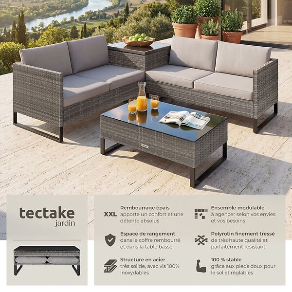 TECTAKE - Salon de jardin en polyrotin Ostuni gris tacheté/gris - large