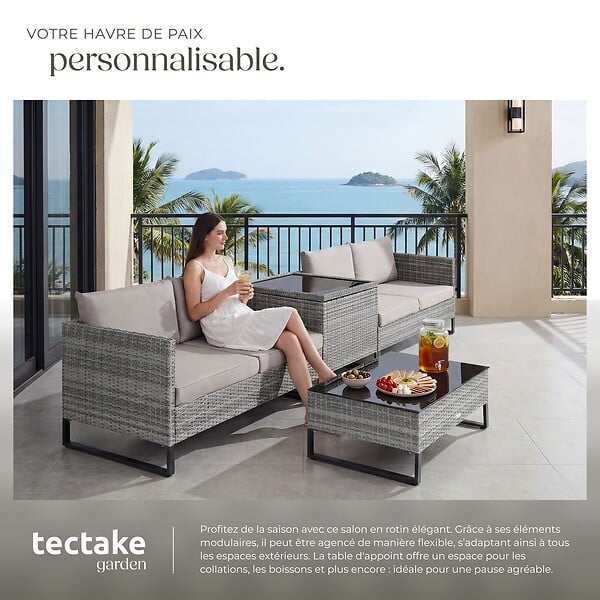 TECTAKE - Salon de jardin en polyrotin Ostuni gris tacheté/gris - large