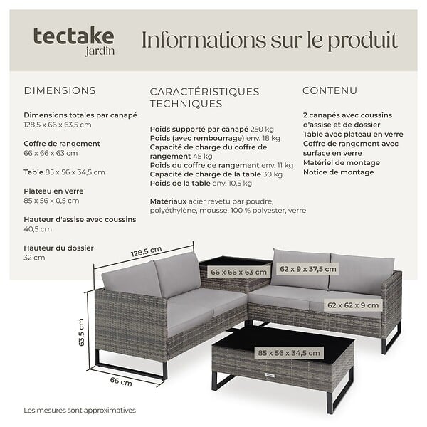 TECTAKE - Salon de jardin en polyrotin Ostuni gris tacheté/gris - large