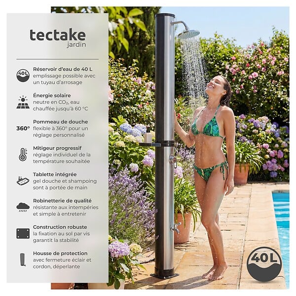 TECTAKE - Douche solaire noire et grise en pvc 40 l avec pommeau orientable et mitigeur monocommande - large