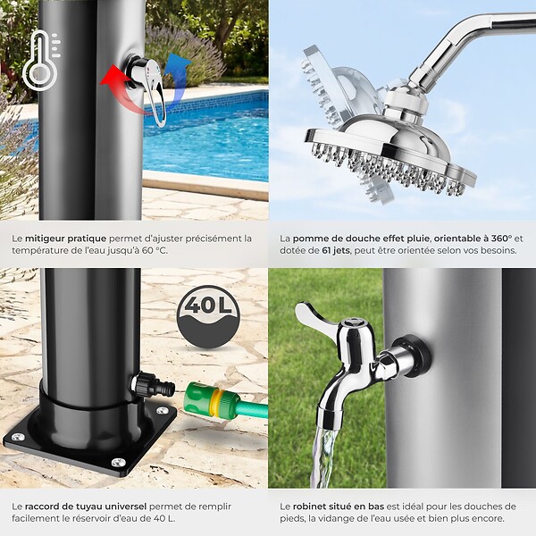 TECTAKE - Douche solaire noire et grise en pvc 40 l avec pommeau orientable et mitigeur monocommande - large