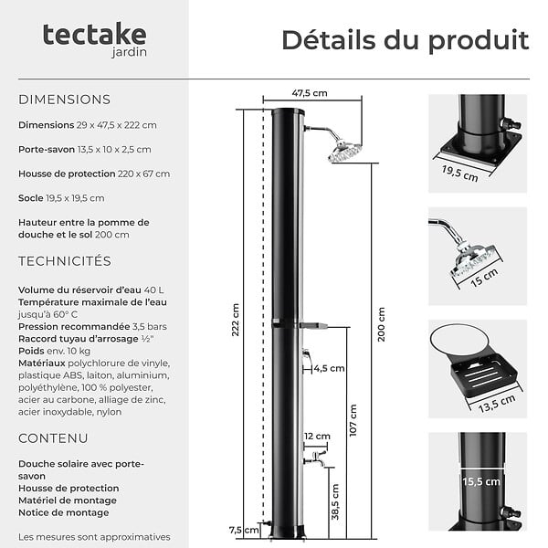 TECTAKE - Douche solaire noire et grise en pvc 40 l avec pommeau orientable et mitigeur monocommande - large