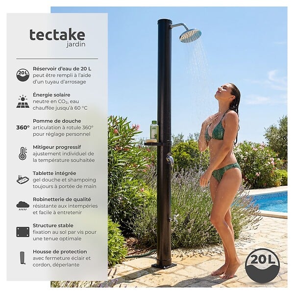 TECTAKE - Douche solaire écologique avec étagère noire construction résistante 20 l mitigeur monocommande - large