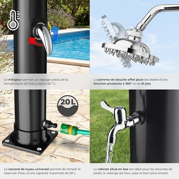 TECTAKE - Douche solaire écologique avec étagère noire construction résistante 20 l mitigeur monocommande - large