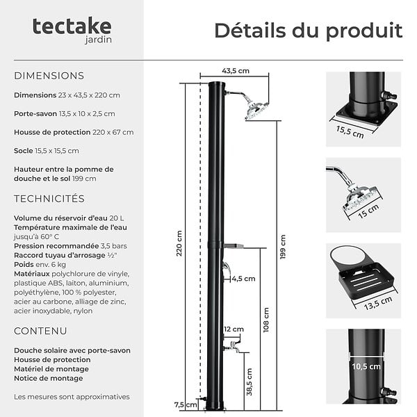 TECTAKE - Douche solaire écologique avec étagère noire construction résistante 20 l mitigeur monocommande - large