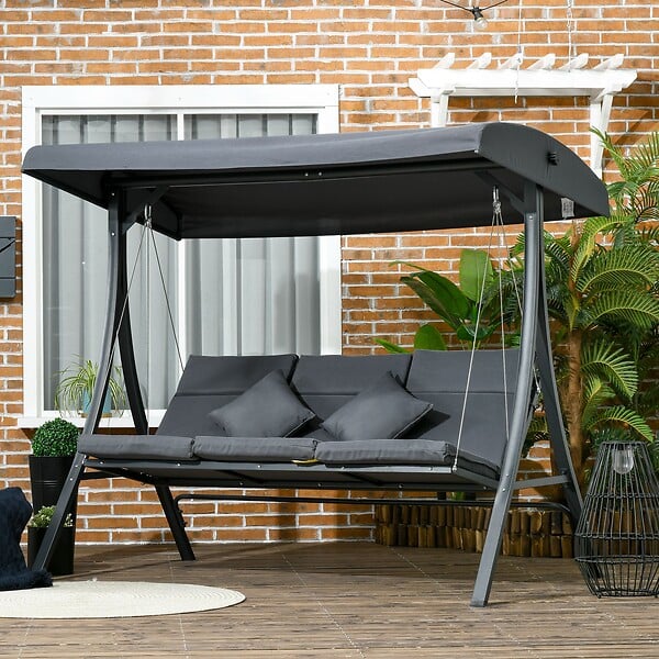 OUTSUNNY - Balancelle de jardin 3 places grand confort toit inclinaison réglable épais coussins polyester acier époxy gris - large