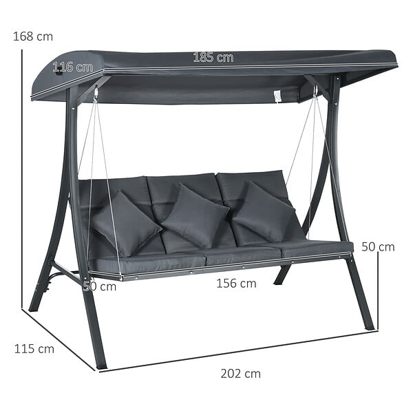 OUTSUNNY - Balancelle de jardin 3 places grand confort toit inclinaison réglable épais coussins polyester acier époxy gris - large
