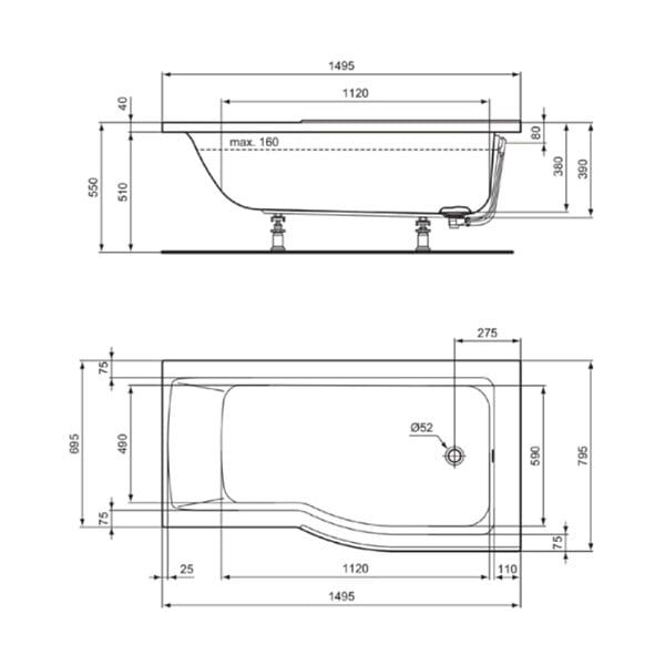 IDEAL STANDARD - Ideal Standard baignoire pour bain douche 150x80 asymétrique Connect Air droite blanc - large