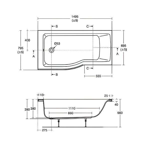 IDEAL STANDARD - Ideal Standard baignoire pour bain douche 150x80 asymétrique Connect Air gauche blanc - large