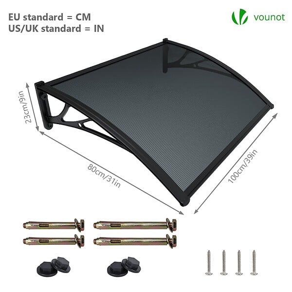 VOUNOT - Auvent de porte marquise 100x80 cm en Polycarbonate anti UV Anthracite - large
