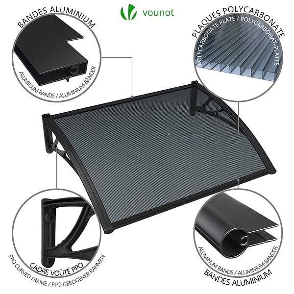VOUNOT - Auvent de porte marquise 100x80 cm en Polycarbonate anti UV Anthracite - large