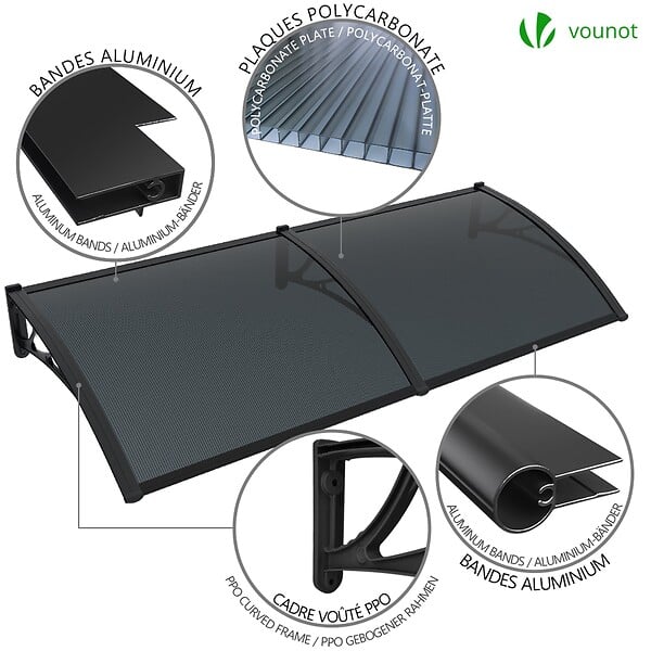 VOUNOT - Auvent de porte marquise 200x80 cm en Polycarbonate anti UV Anthracite - large