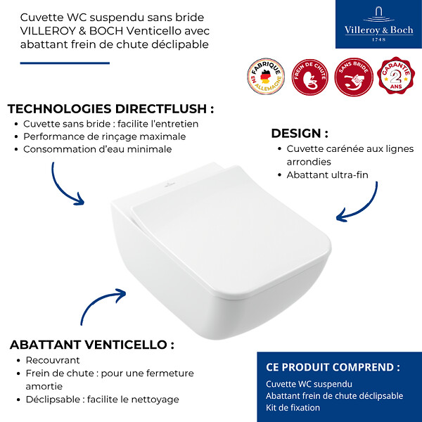VILLEROY ET BOCH - Cuvette WC suspendu sans bride Venticello avec abattant frein de chute déclipable - large