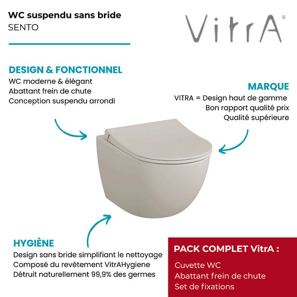 VITRA - Cuvette WC suspendu sans bride VitrA Sento lin + abattant frein de chute déclipsable - large