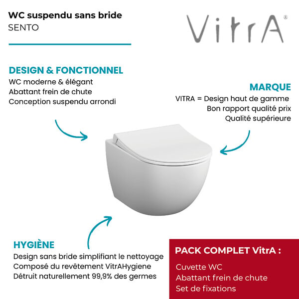 VITRA - Cuvette WC suspendu sans bride VitrA Sento blanc mat + abattant frein de chute - large