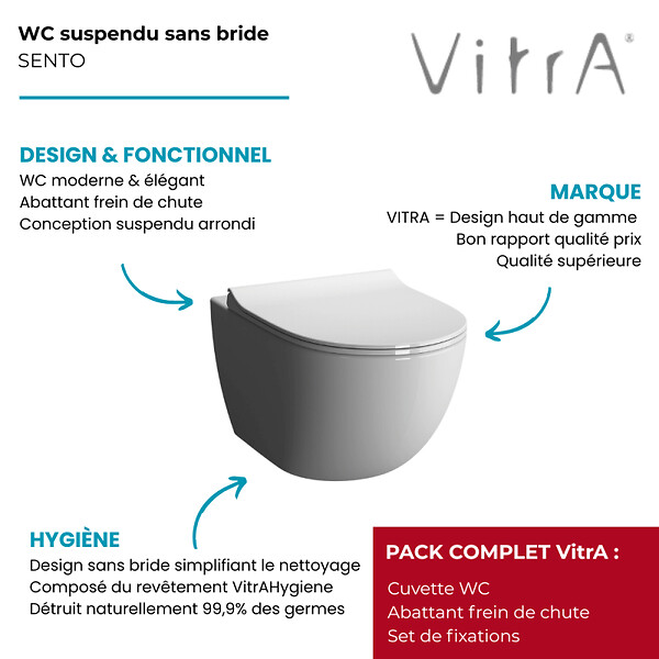 VITRA - SENTO Pack WC suspendu flush2.0 - Largeur: 365 mm - Profondeur : 540 mm - Hauteur : 340 mm - Blanc - large