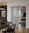 GD MENUISERIES - Porte Coulissante Athena Gris Clair Vitrée H204 x L83 cm, Rail Alu Bandeau blanc, Coquilles - vignette