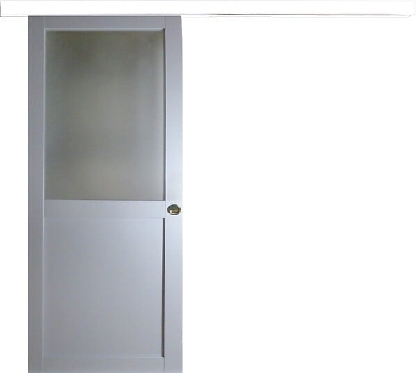 GD MENUISERIES - Porte Coulissante Athena Gris Clair Vitrée H204 x L83 cm, Rail Alu Bandeau blanc, Coquilles - large