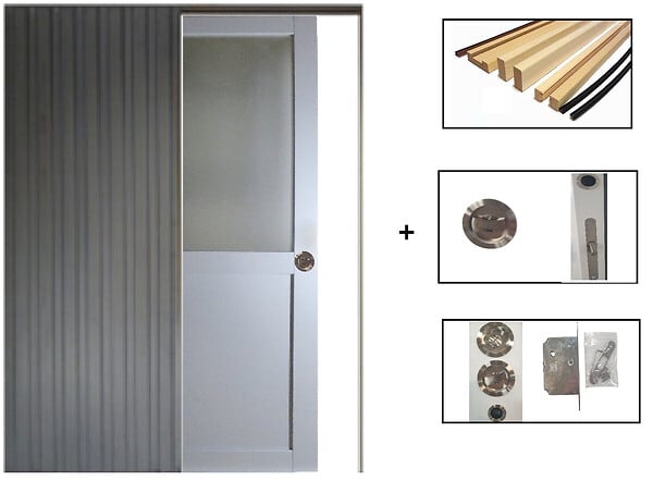 GD MENUISERIES - Porte Coulissante Athena Gris Clair Vitrée H204 x L73 cm, Galandage, kit de finition - large