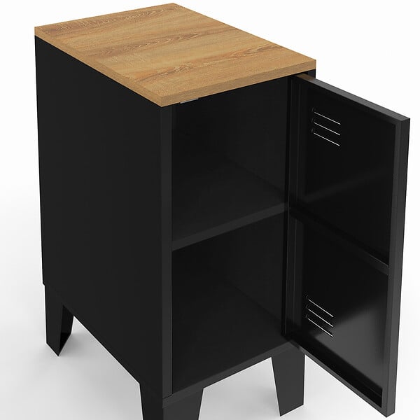 ID MARKET - Lot de 2 tables de chevet étroites ESTER 1 porte métal noir plateau façon hêtre design industriel - large