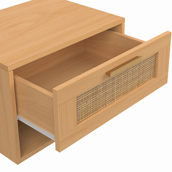ID MARKET - Lot de 2 tables de chevet murales ROBERT 1 tiroir avec niche effet naturel cannage et bois - large