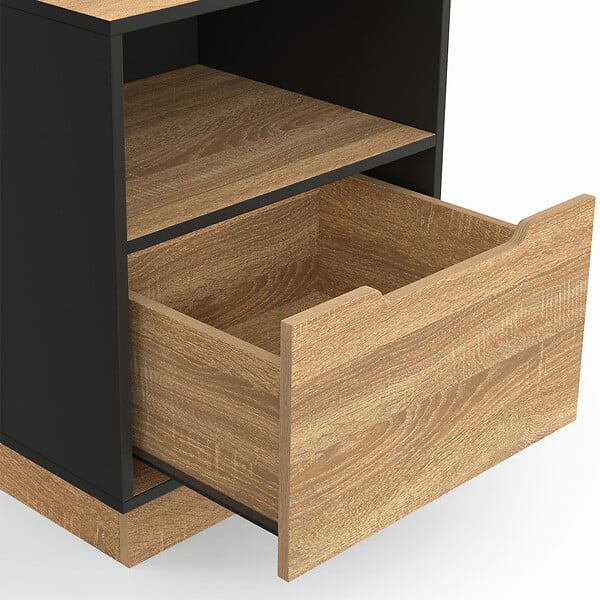ID MARKET - Lot de 2 tables de chevet OXANA 1 tiroir avec niche façon hêtre et noir - large