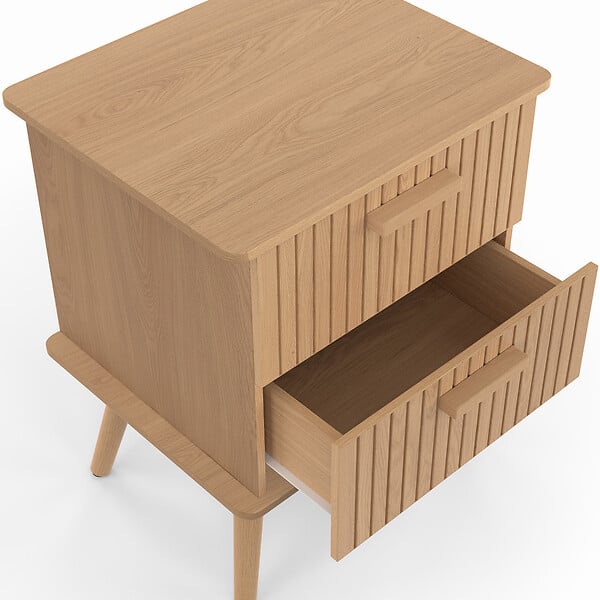 ID MARKET - Lot de 2 tables de chevet JULIETTE 2 tiroirs effet lattes tasseau bois - large