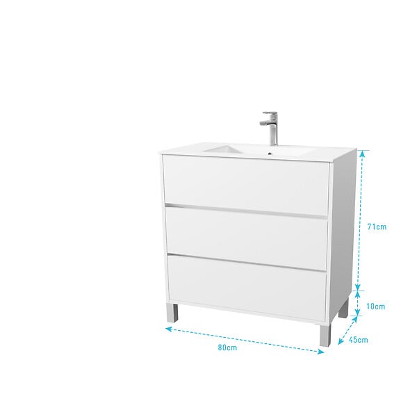 AURLANE - Pack Meuble Salle de Bains 80 cm Laqué Blanc, 3 tiroirs avec Vasque Céramique - XENOS - large