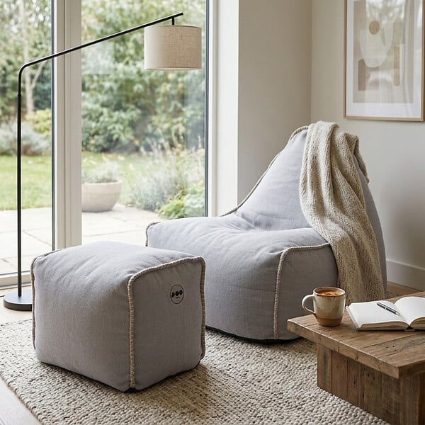 SOO  SANTAI - Fauteuil poire intérieur avec repose pieds 90x60x85/45x60x35 cm SANS billes Gris (BINDR9080-2) - large