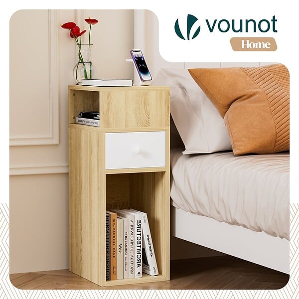 VOUNOT - Table de chevet d’appoint avec tiroir et compartiment 25x30x66cm naturel - large