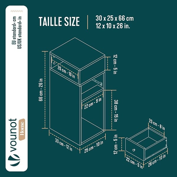VOUNOT - Lot de 2 Table de chevet d’appoint avec tiroir et compartiment 25x30x66cm naturel - large