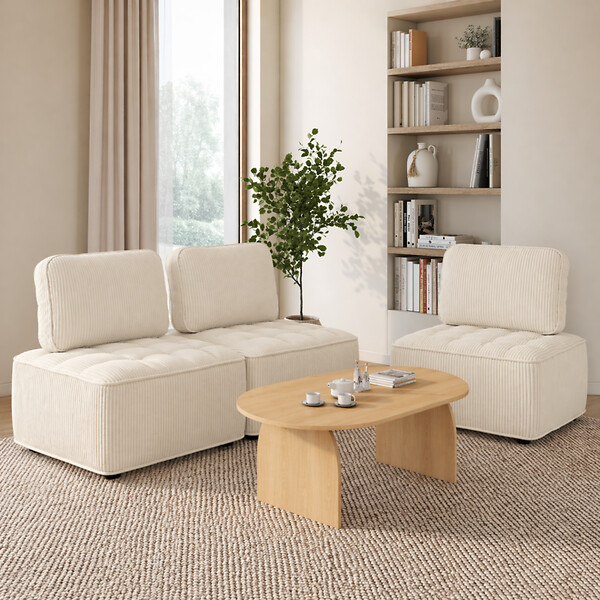 ID MARKET - Module de canapé et fauteuil ALFIE en velours côtelé beige - large
