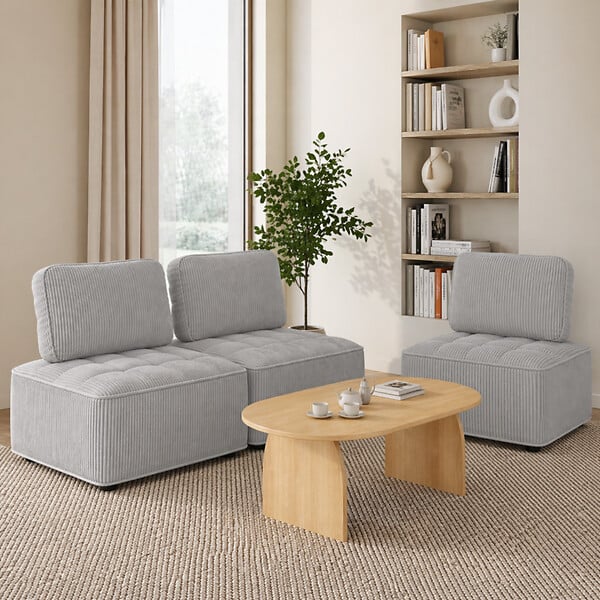 ID MARKET - Module de canapé et fauteuil ALFIE en velours côtelé gris clair - large