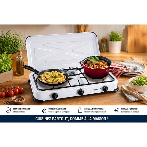 KEMPER - Plaque de cuisson gaz 3 feux portable 3450W Réchaud Camping Blanc Couvercle amovible KEMPER - large