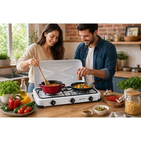 KEMPER - Plaque de cuisson gaz 3 feux portable 3450W Réchaud Camping Blanc Couvercle amovible KEMPER - large