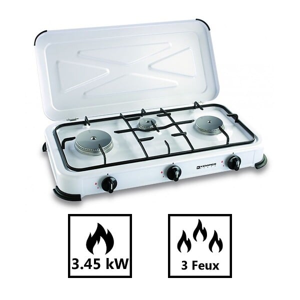 KEMPER - Plaque de cuisson gaz 3 feux portable 3450W Réchaud Camping Blanc Couvercle amovible KEMPER - large